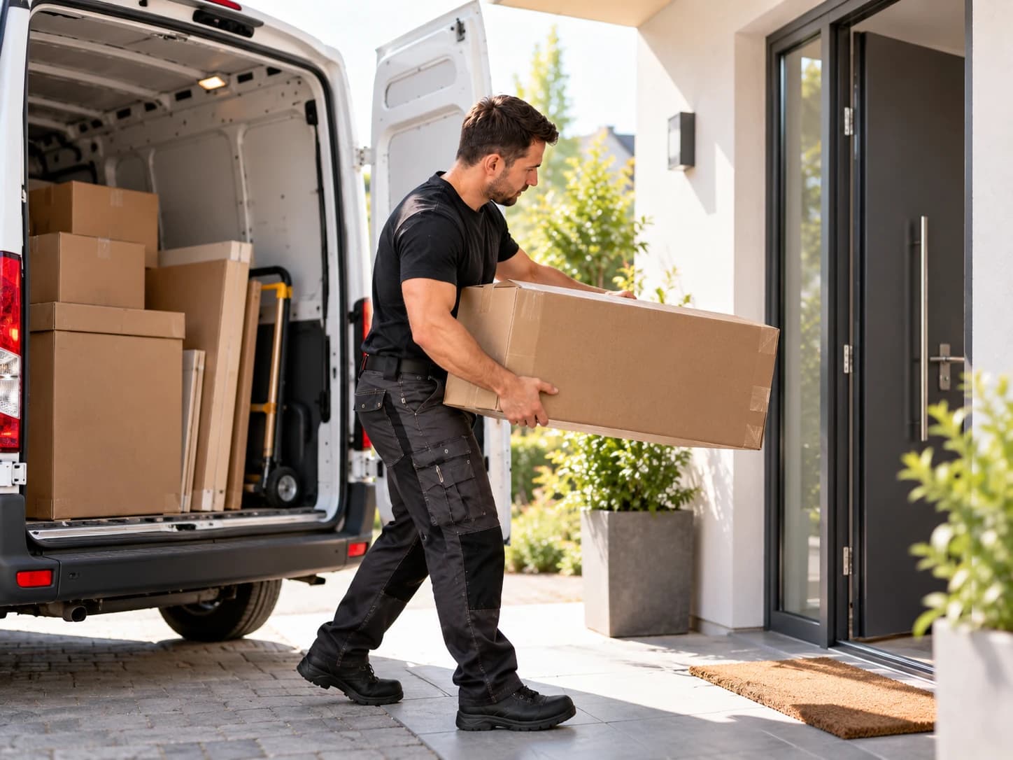 Monteur trägt einen großen Möbelkarton aus einem Transporter zur Haustür