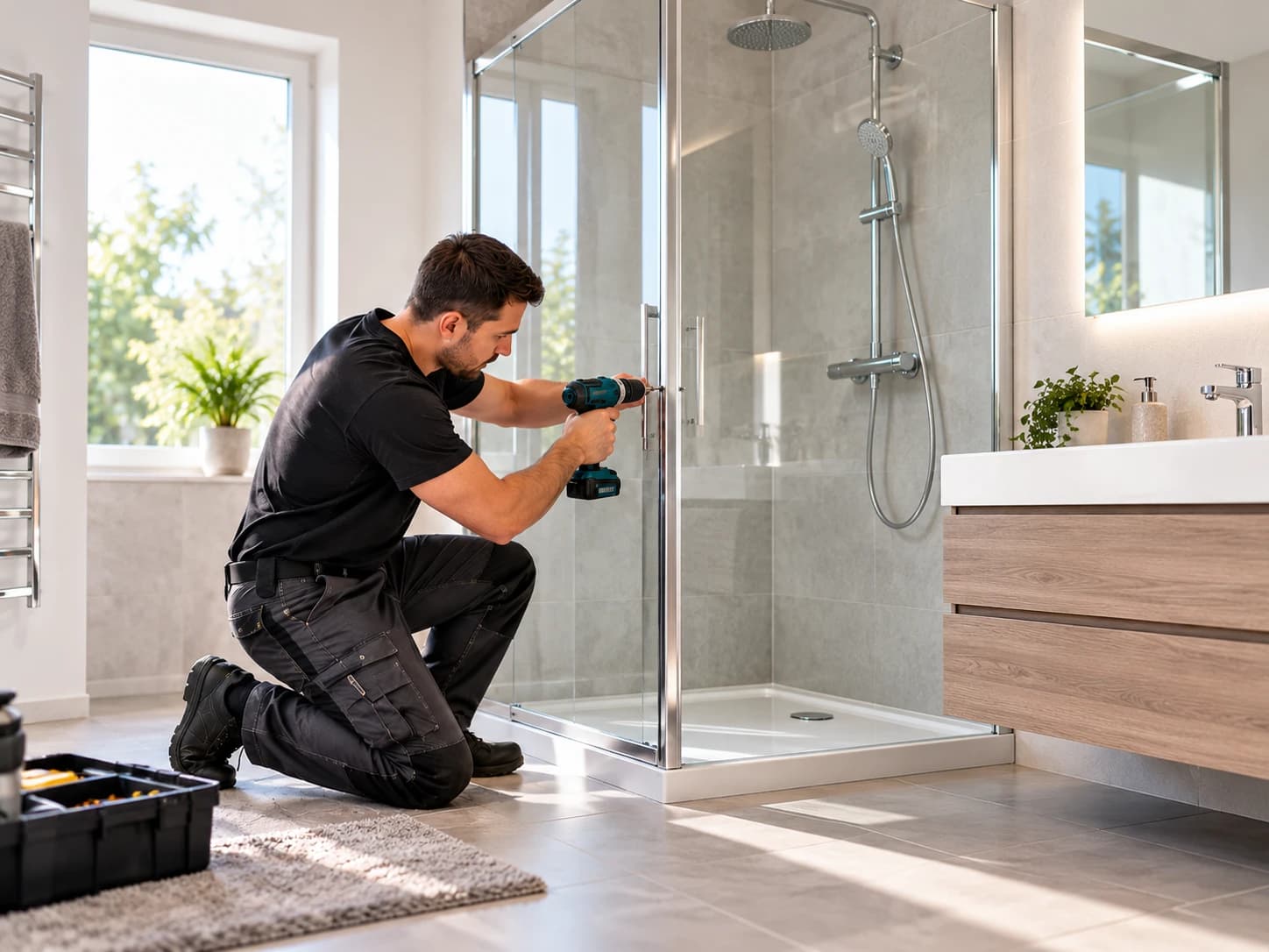 Monteur montiert eine Duschkabine aus Glas im Badezimmer