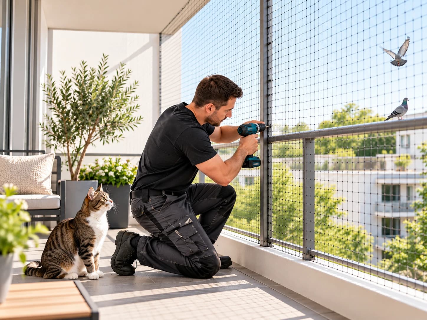 Monteur befestigt ein Schutznetz am Balkon, daneben sitzt eine Katze, eine Taube landet auf dem Geländer