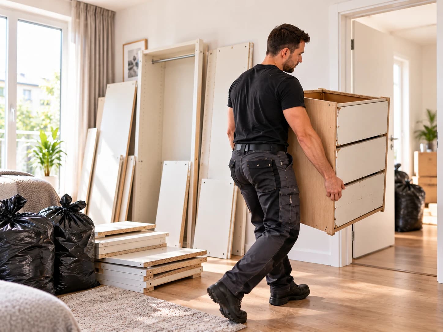 Monteur trägt eine alte Kommode aus der Wohnung, daneben abgebaute Möbelteile